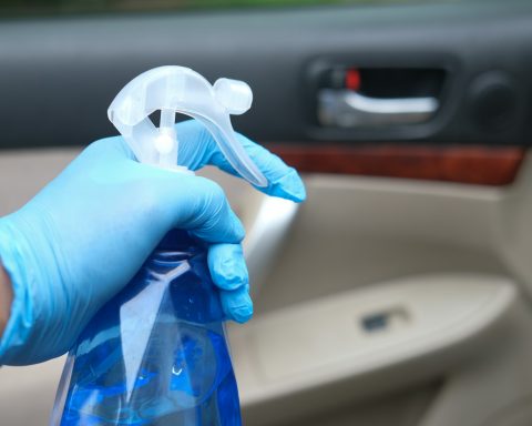 person holding blue and white plastic bag
